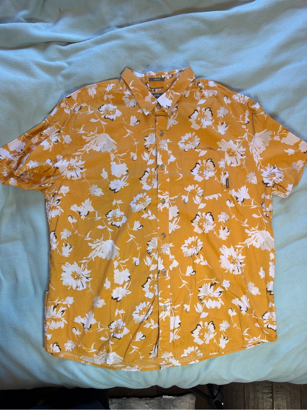 Eddie Bauer Mustard Yellow Floral Short-Sleeve Button-Down Shirt